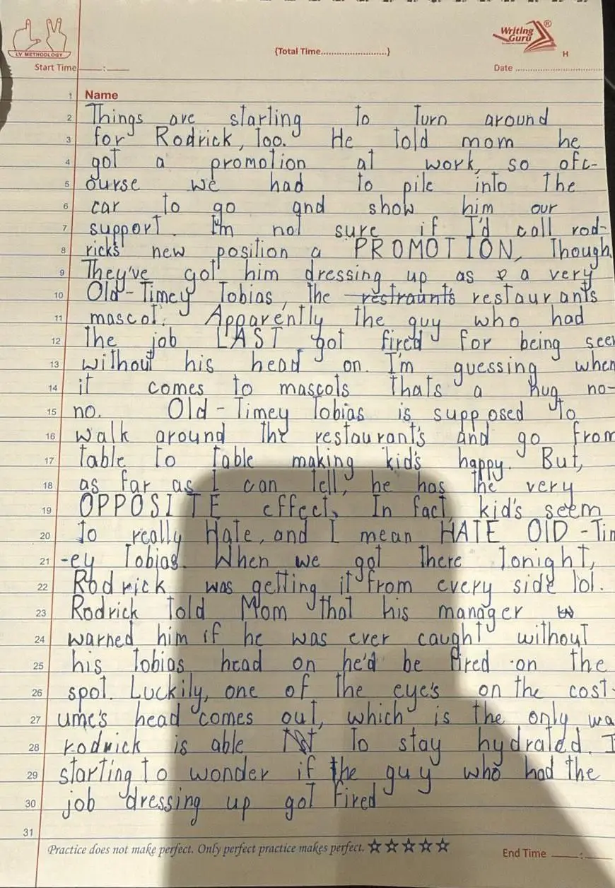 Aarav B.'s English handwriting, after the course