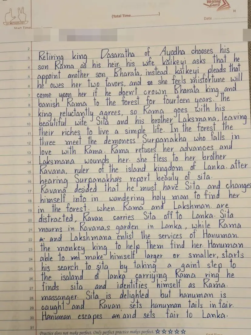 Abhishek K.'s English handwriting, after the course