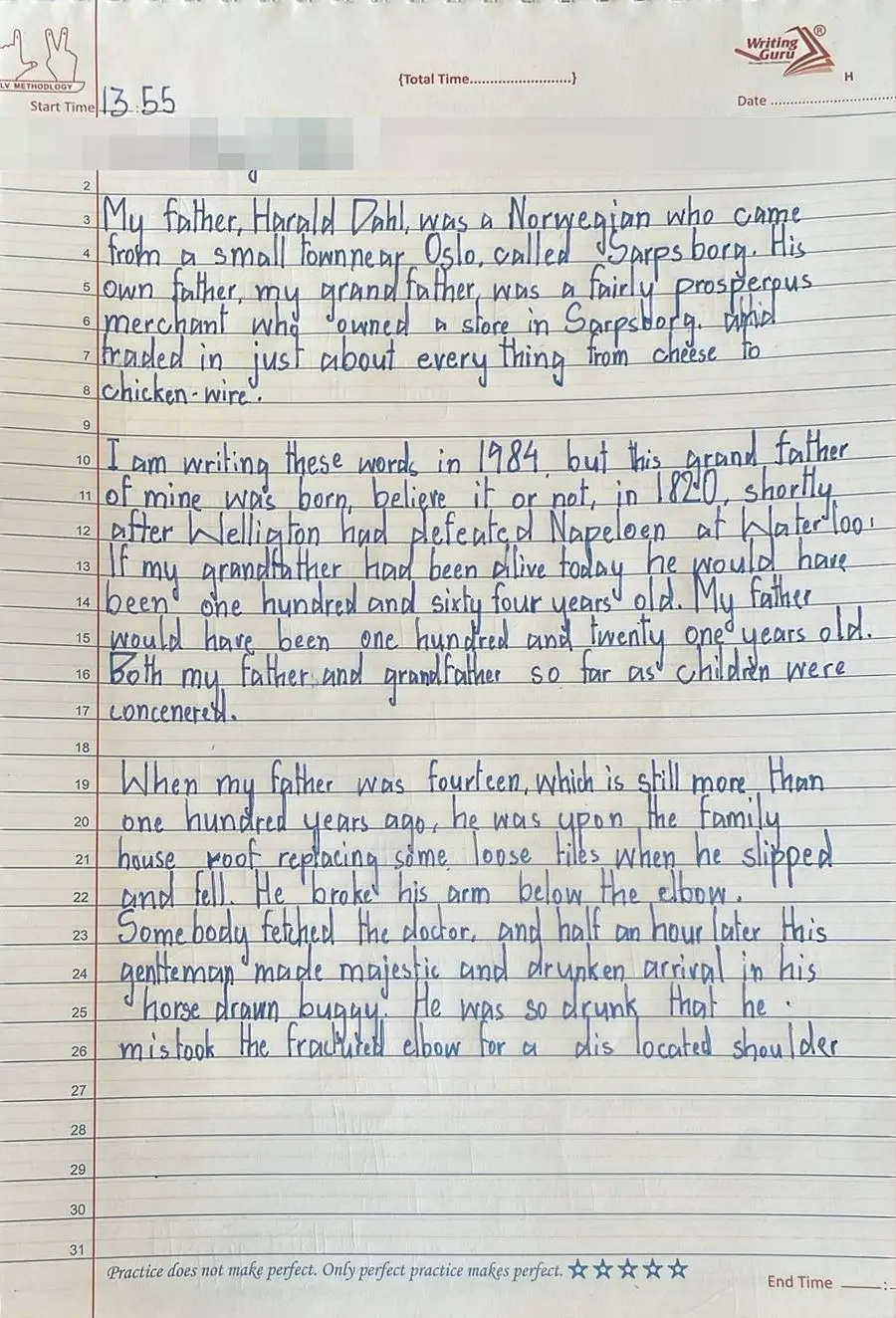 Advay D.'s English handwriting, after the course